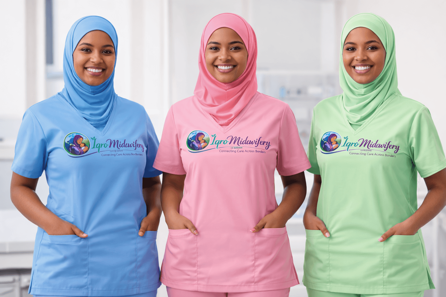 Three smiling midwives wearing blue, pink, and green hijabs and matching Iqra Midwifery scrubs.