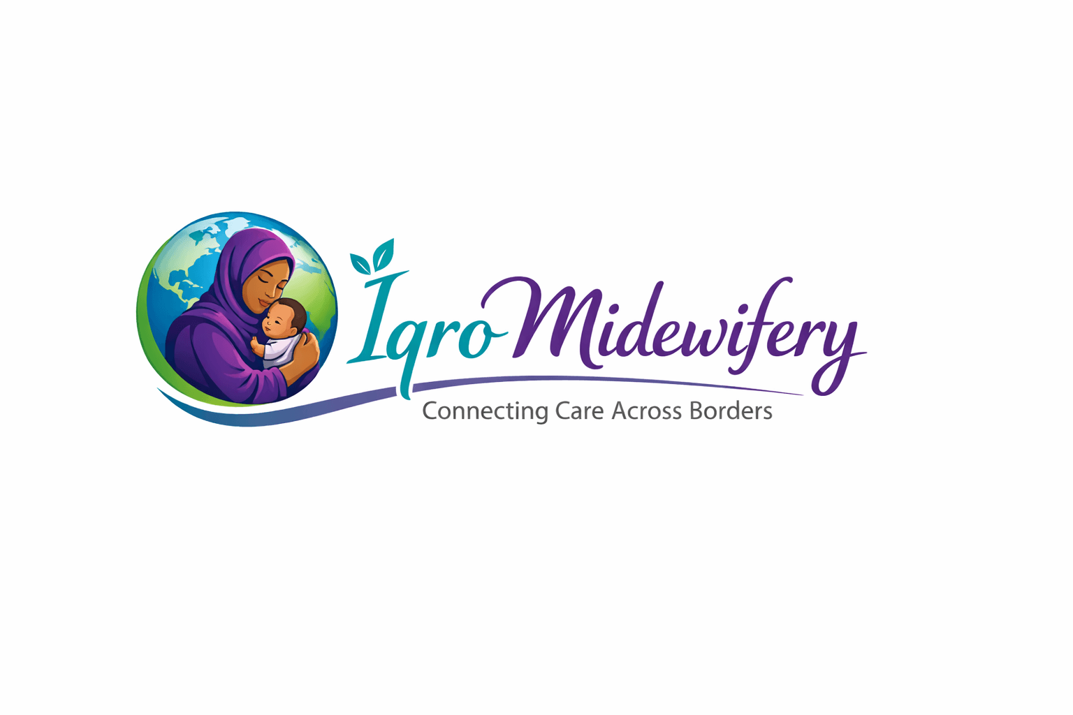 Iqro Midwifery logo featuring a woman in a hijab holding a baby against a globe.